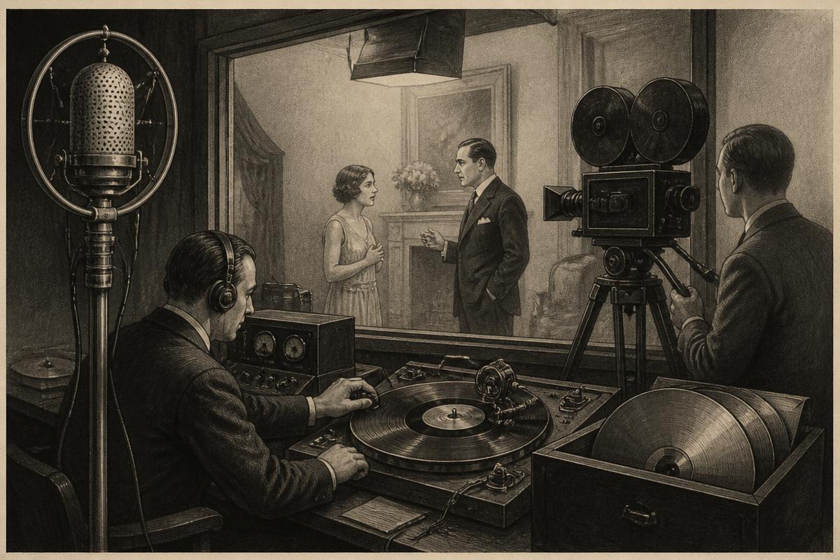 Original editorial illustration of a 1920s synchronised sound-film studio.