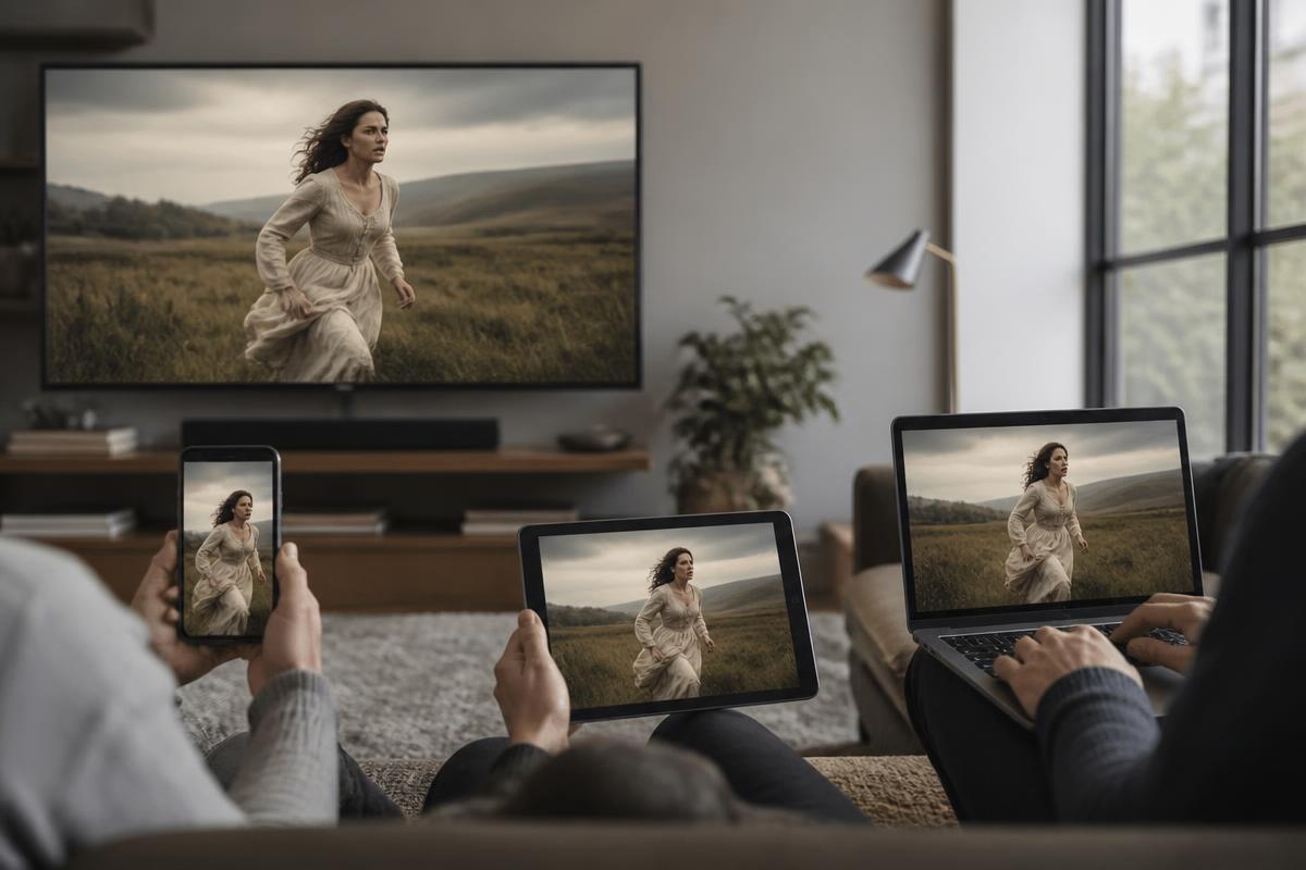 Original editorial illustration of streaming video across connected devices.