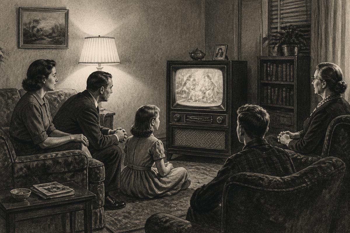 Original editorial illustration of a mid-century household watching television.